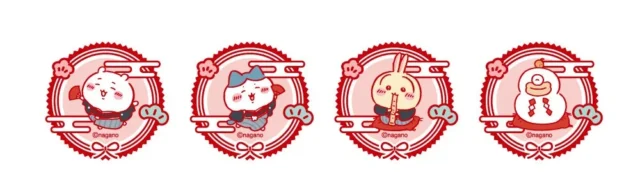 正月和装のちいかわ、ハチワレ、うさぎ、オデのスタンプ絵柄