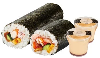 特選恵方巻、豪華海鮮恵方巻(ハーフ)、プレミアムプリン2個のお得なペアセット。