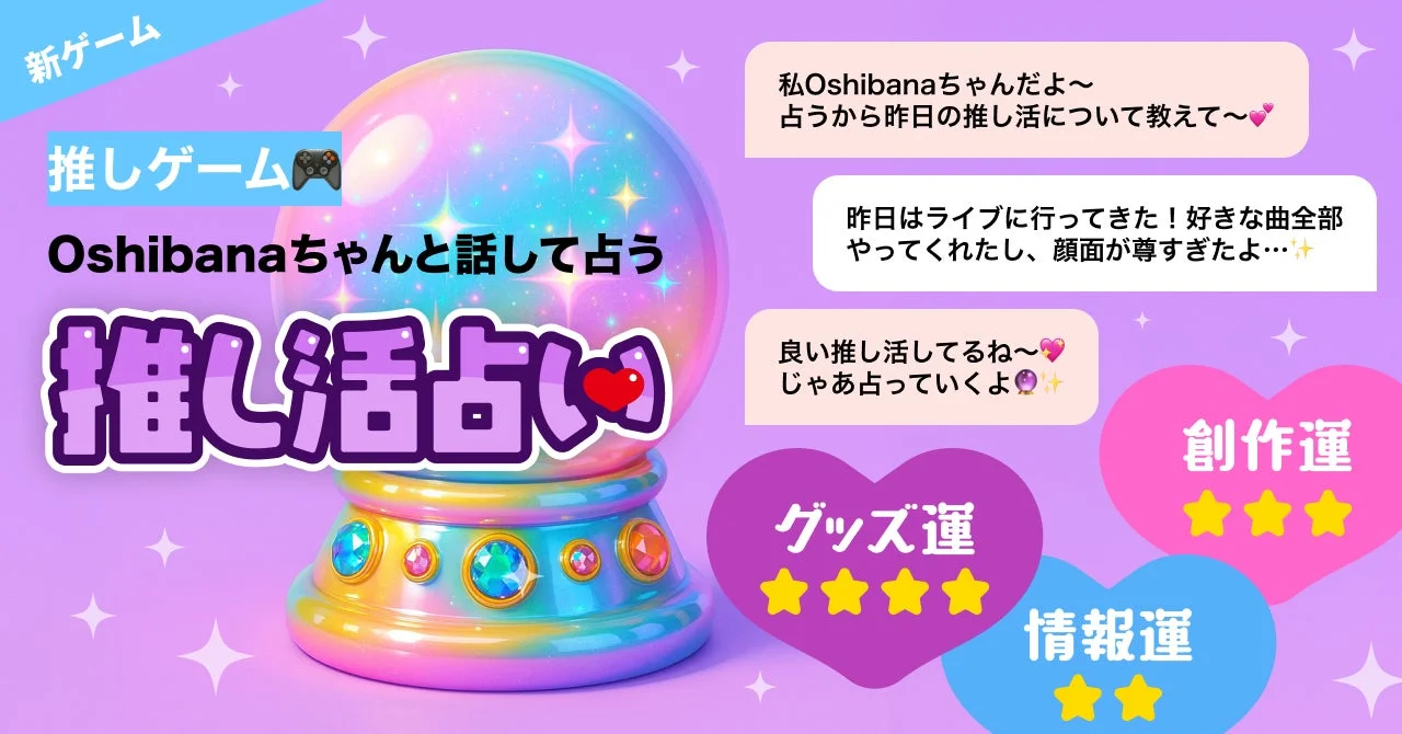 推し活占い画面。Oshibanaちゃんとチャット形式で推し活の運勢を占う。
