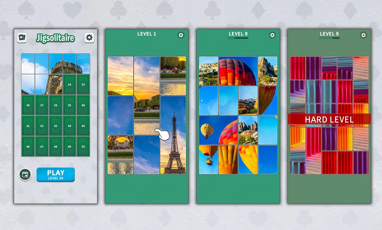 Jigsolitaireのゲームプレイ画面とレベル選択画面