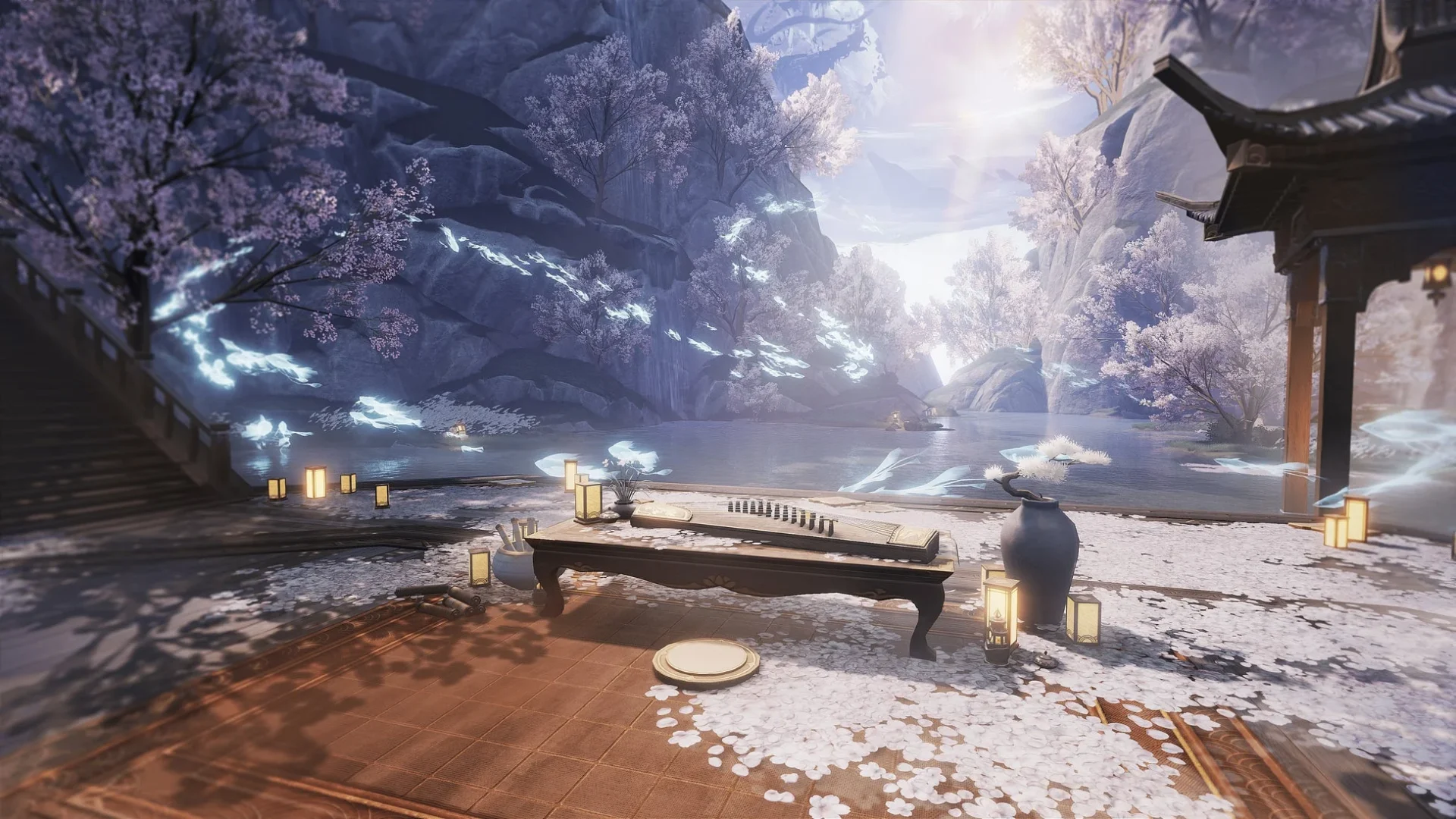 新エリア「華胥」の雪景色と琴のある風景