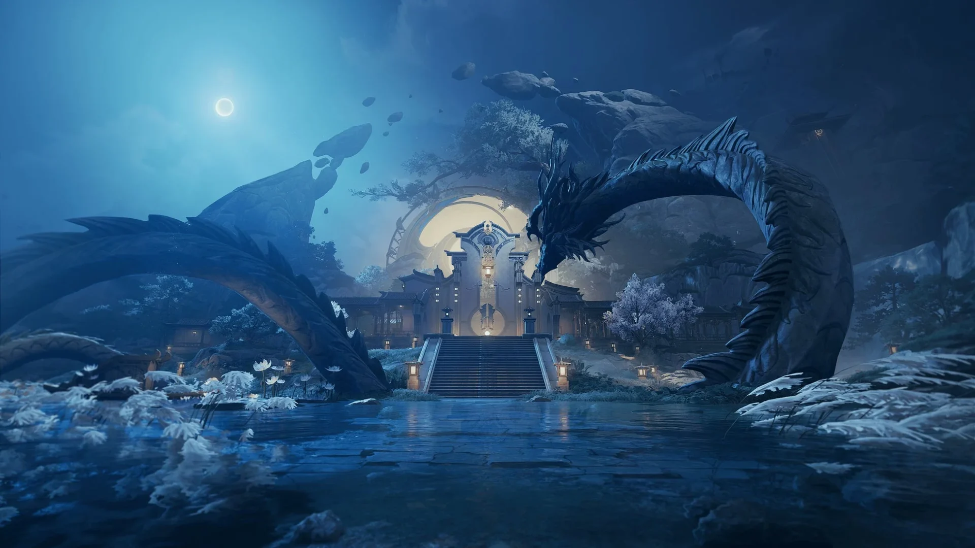 新エリア「華胥」の夜景と龍のオブジェ