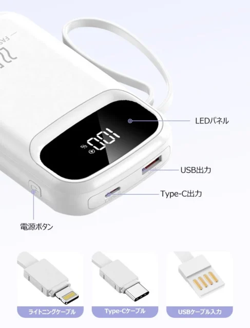 モバイルバッテリーのLEDパネル、USB/Type-C出力ポート、電源ボタン、内蔵ケーブルの種類