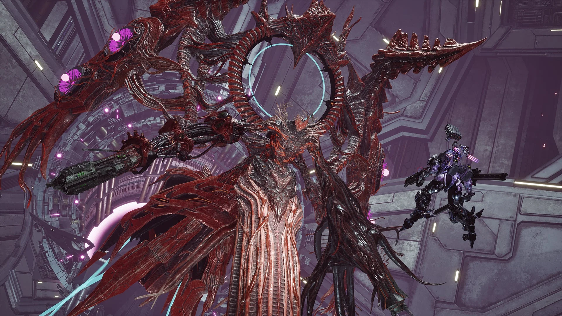 新規ボス「イモータルヴォイドRT：Ω」の巨大な姿とプレイヤーメカ