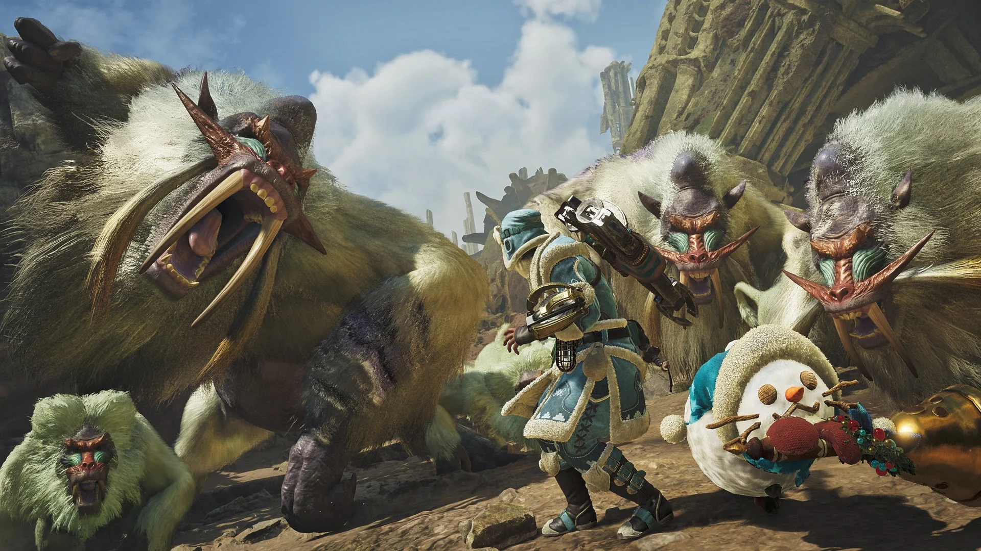 イベントクエスト「霜烈のホワイトアウト」でドドブランゴと戦うハンターとオトモ