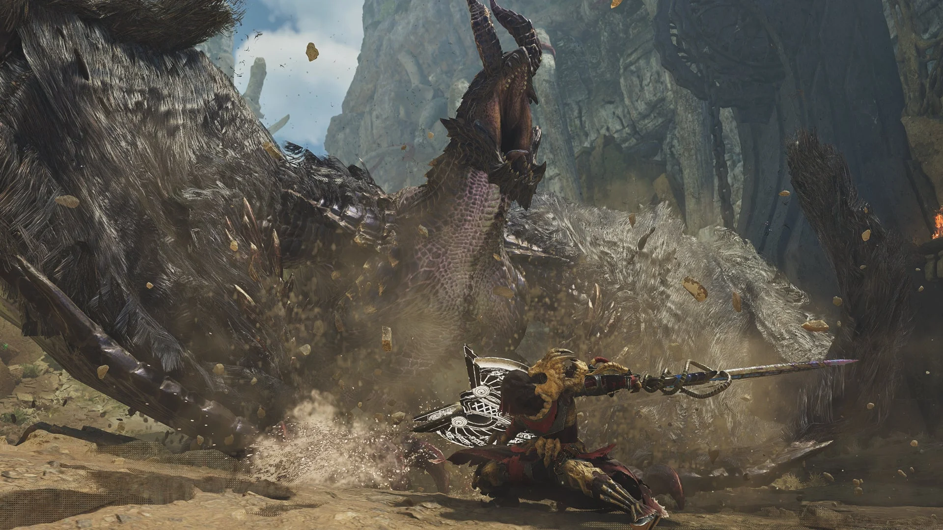 チャレンジクエスト「ひらけ昏の門」に登場するゴア・マガラとハンター