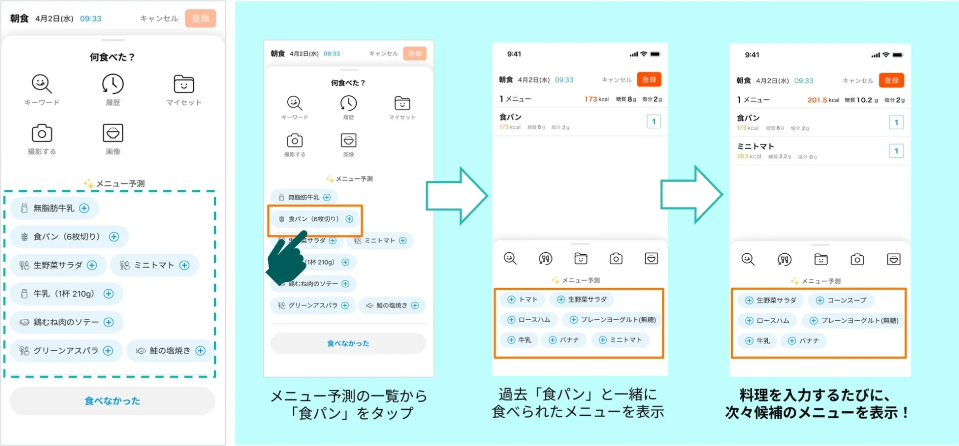 AIが過去の食事記録からメニューを予測しリストアップする機能の画面フロー