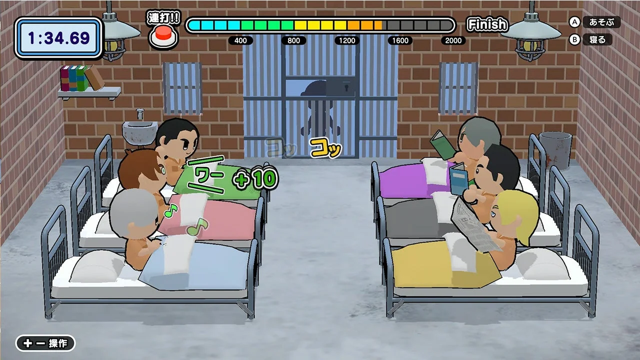 刑務所のような部屋で寝たふりをするキャラクターたちと、見回りキャラのゲーム画面