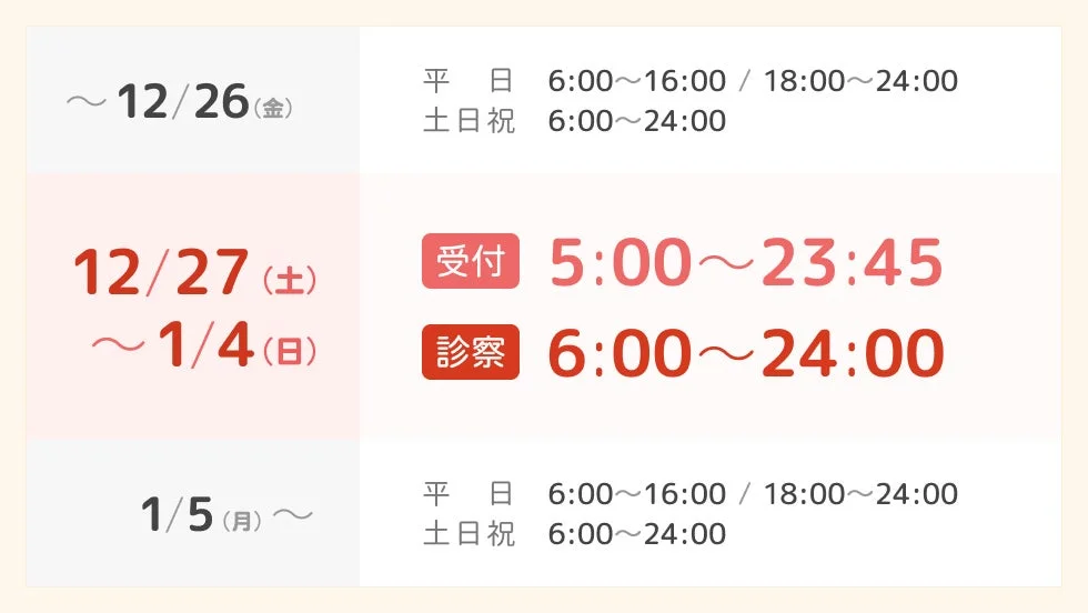 キッズドクター年末年始のオンライン診療診察時間表