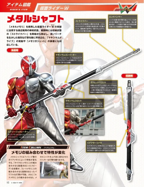 マガジンコンテンツ「アイテム図鑑」のページ例、仮面ライダーWのメタルシャフト解説