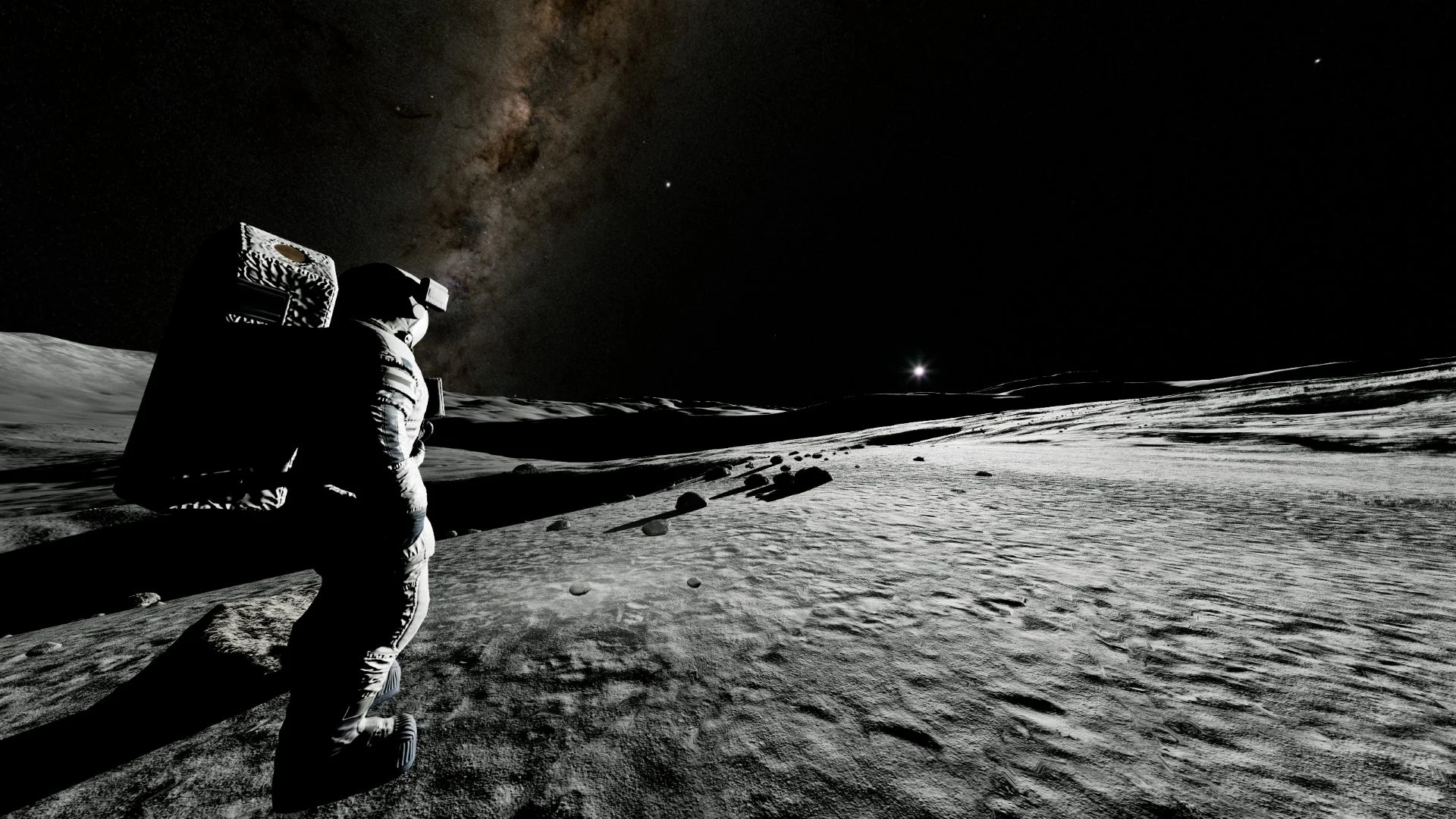 月面で太陽が沈む時間帯の美しい風景