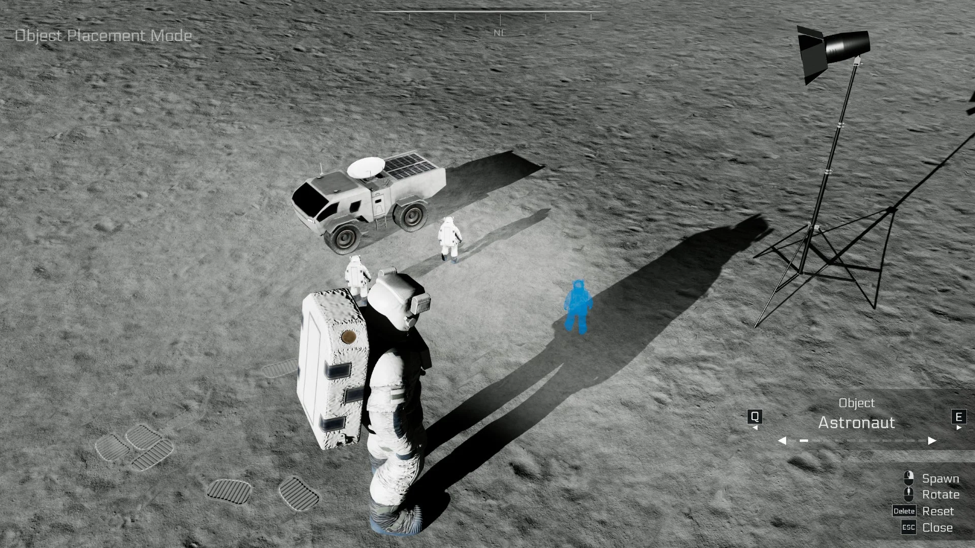 月面にオブジェクトを配置するフリーモードのゲーム画面