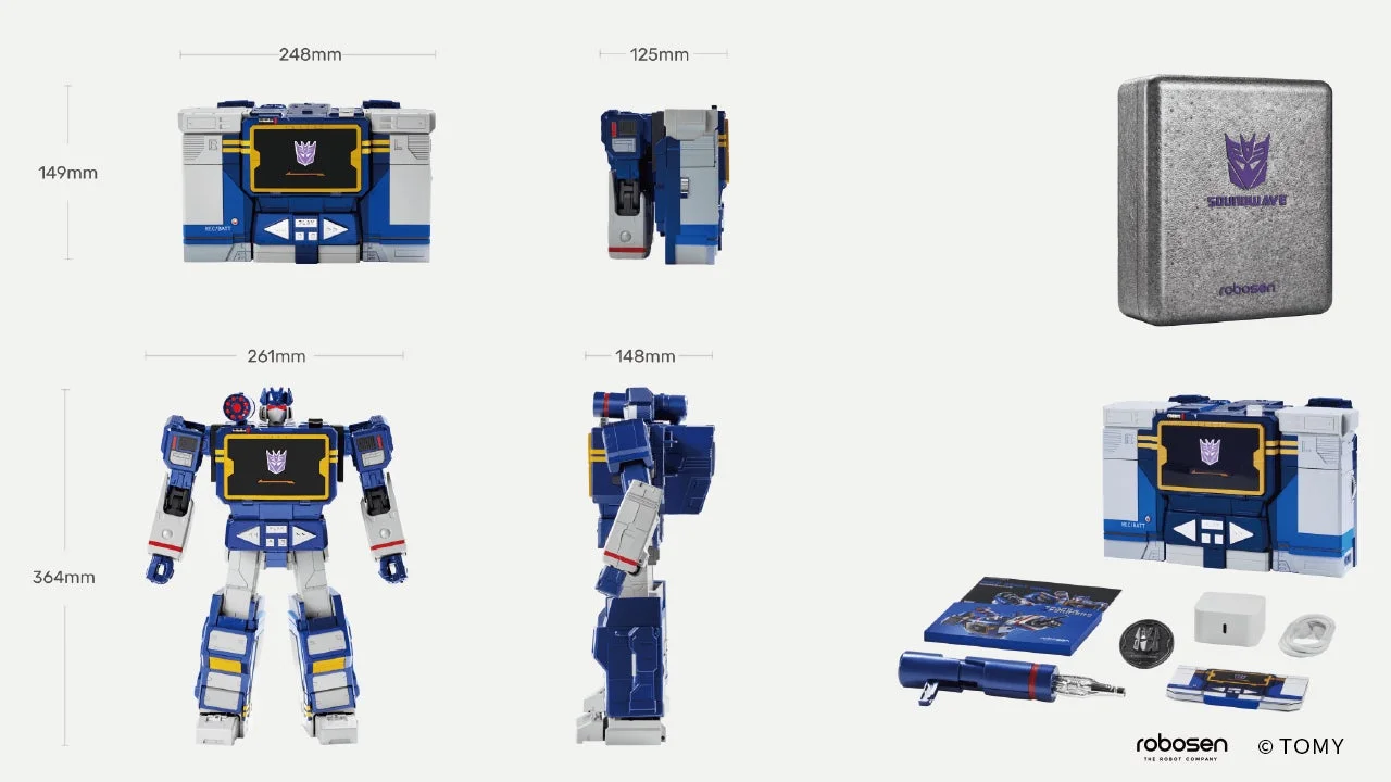 サウンドウェーブのロボット/カセットモードのサイズと付属ブラスター、オリジナルコイン