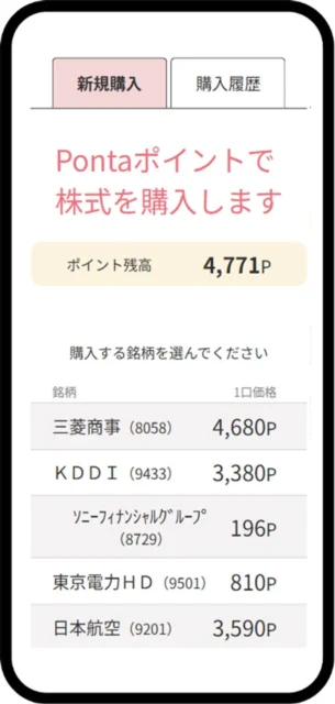 Pontaポイントで株式を購入する画面。三菱商事などの銘柄リスト