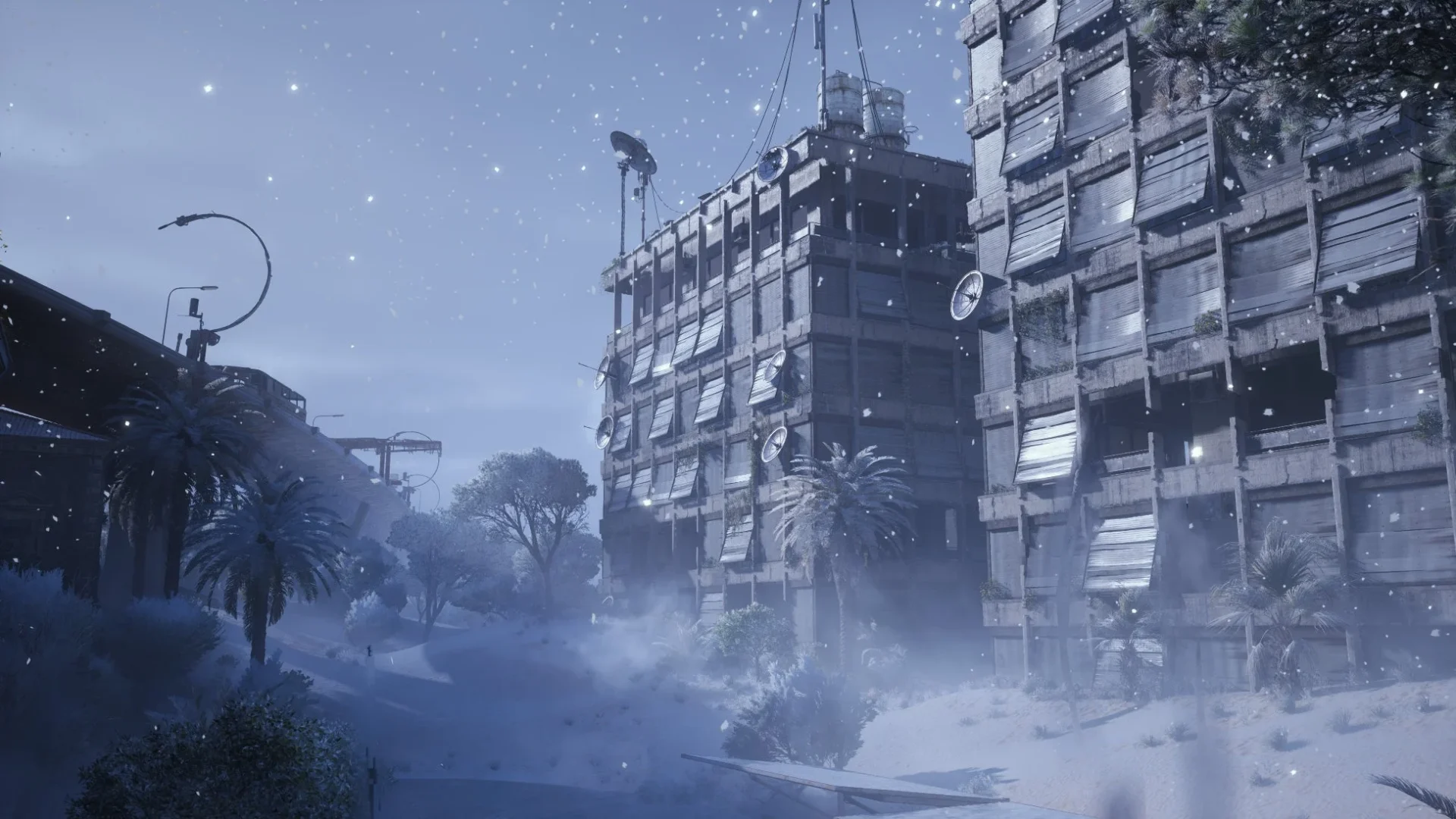 雪が降る街並みと建物が広がるCold Snapマップのゲーム画面