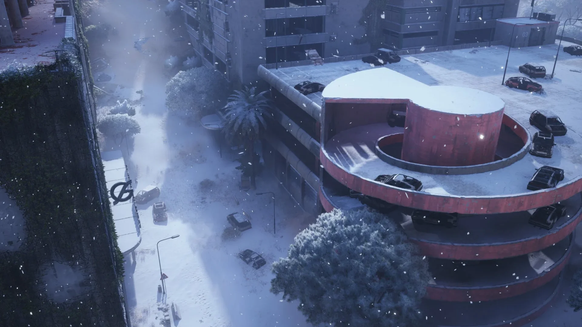 雪が積もった駐車場と街並みを上空から見たCold Snapマップ