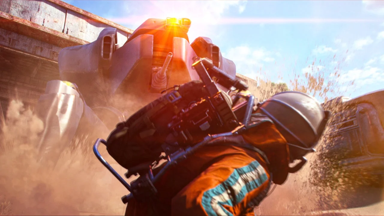 巨大な敵ロボットと戦うレイダーのゲームプレイ画面