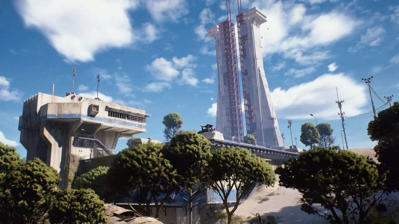 高層ビルと周囲の施設が広がるゲーム内の風景