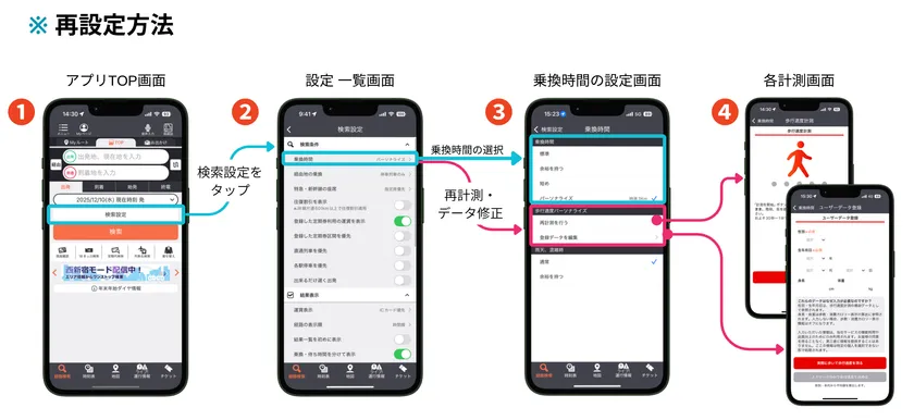 ジョルダン乗換案内アプリでの歩行速度再計測方法