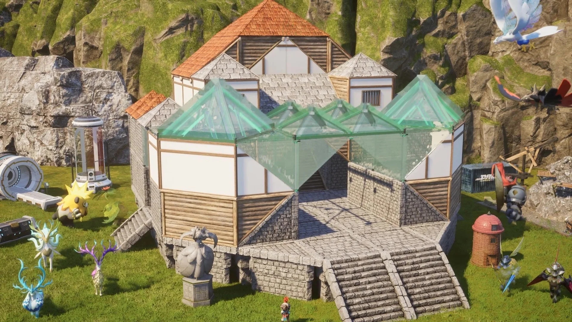 パルワールドの拠点に建材の色変え機能が実装された様子