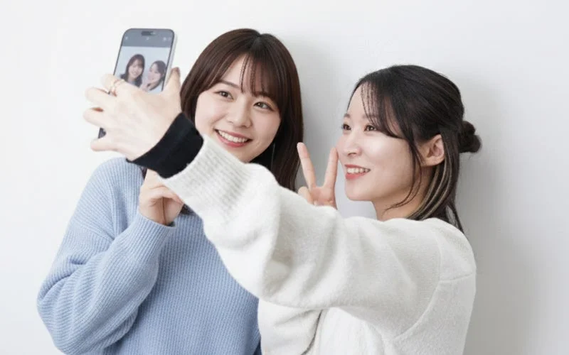 iPhone専用自撮りモニターで友達と自撮りを楽しむ女性たち