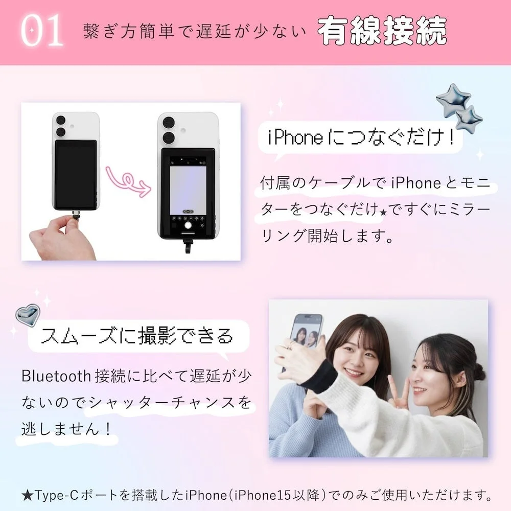 iPhone専用自撮りモニターの有線接続による遅延の少なさを説明する画像