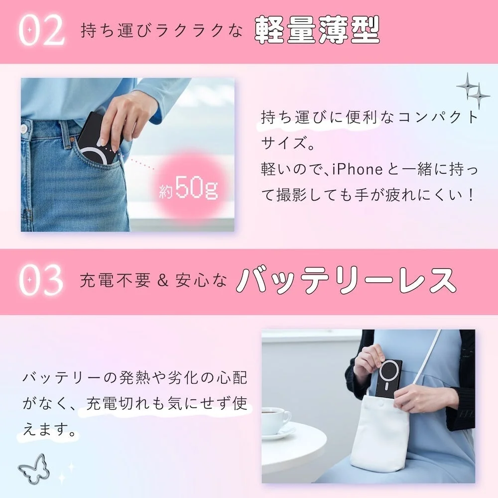 iPhone専用自撮りモニターの軽量薄型設計とバッテリーレスの利便性を説明する画像