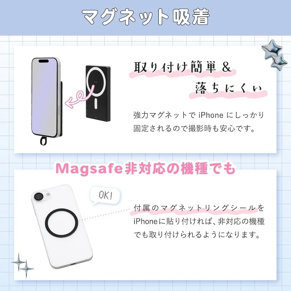 iPhone専用自撮りモニターのマグネット吸着とMagSafe非対応機種への対応を説明する画像