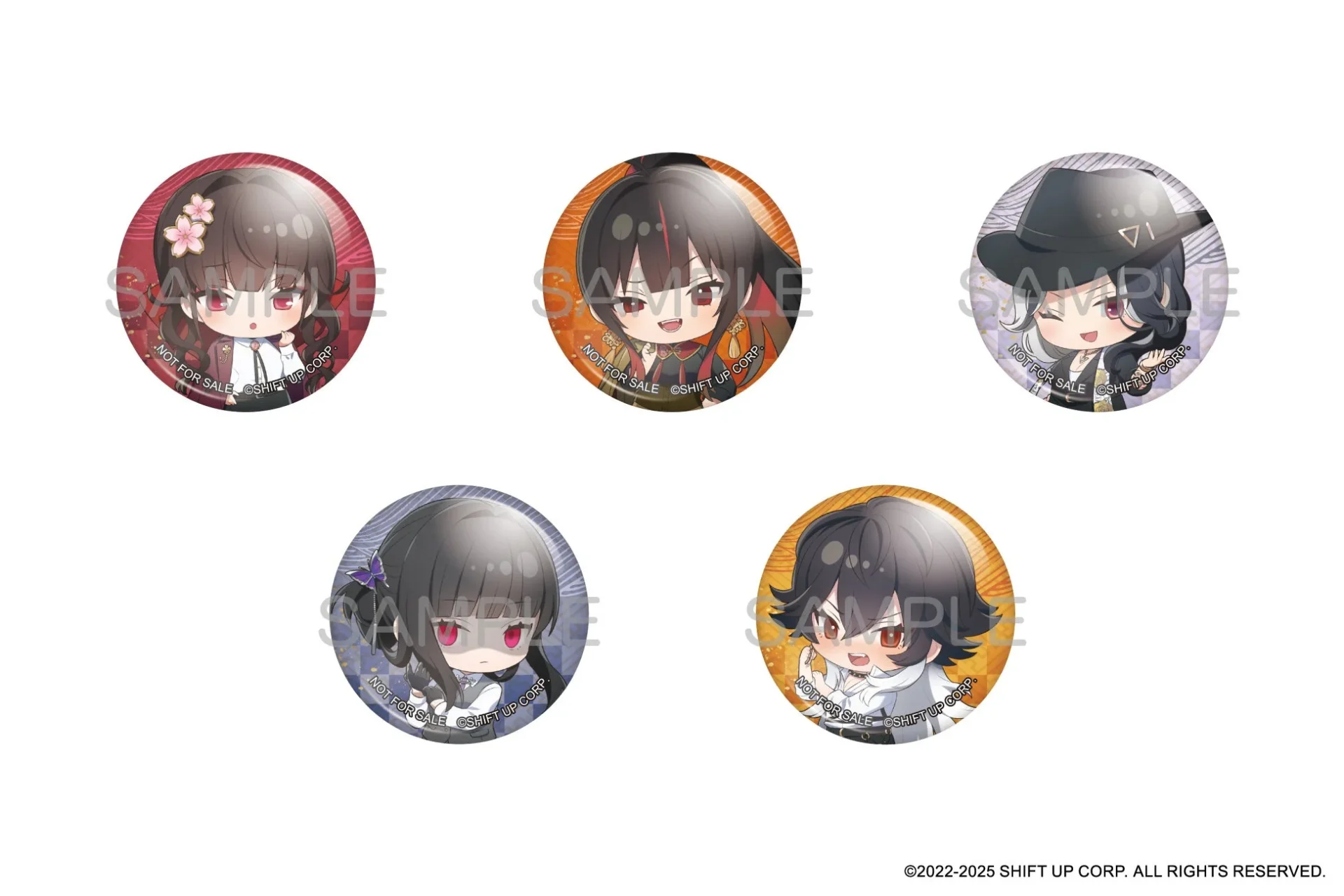 「NIKKE めがにけ茶」購入特典のミニ缶バッジ全5種