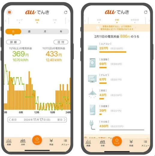 auでんきアプリの電気料金と家電別使用量表示画面