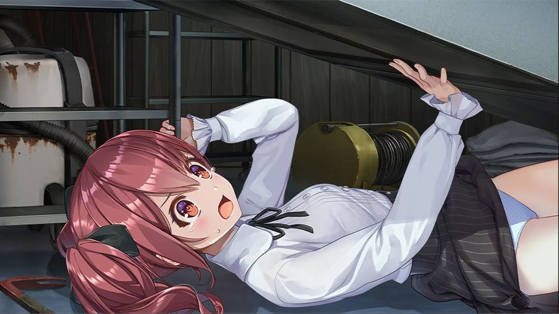 『廃深』シリーズのゲーム画面。ヒロインが物陰に隠れる危機的状況。