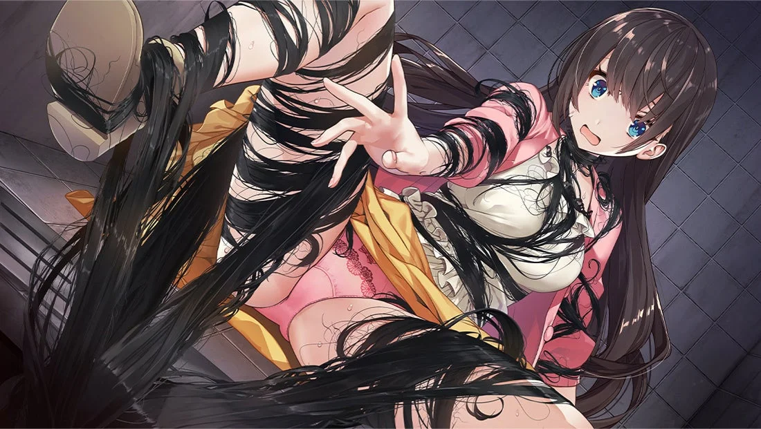 『廃深』シリーズのゲーム画面。ヒロインが髪に絡め取られる危機的状況。