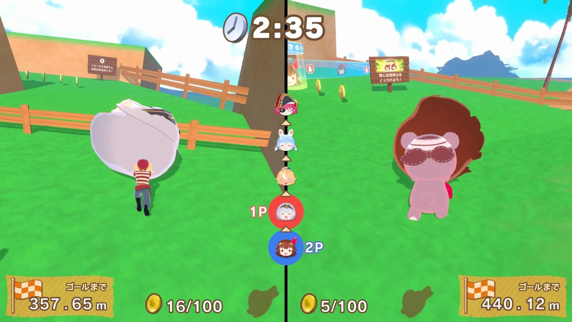 『ホロライブごろごろマウンテンDX』のオフライン2人対戦画面。画面分割でプレイヤーがお宝を転がして競い合う。