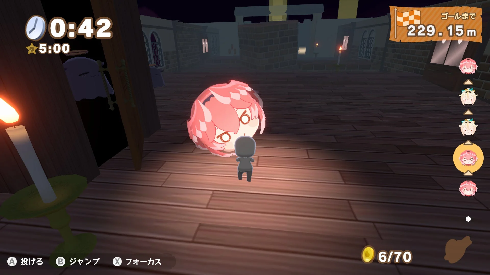 『ホロライブごろごろマウンテンDX』の秘密結社holoXコラボステージ画面。博衣こよりのお宝が暗いステージを転がる。