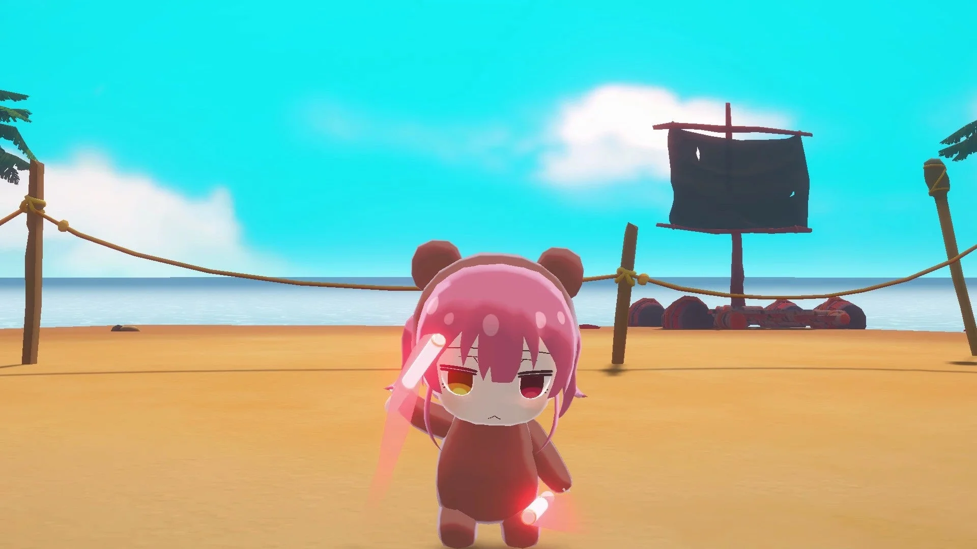 『ホロライブごろごろマウンテンDX』のゲームプレイ画面。連動特典キャラクター「クマリン」がステージを転がっている。