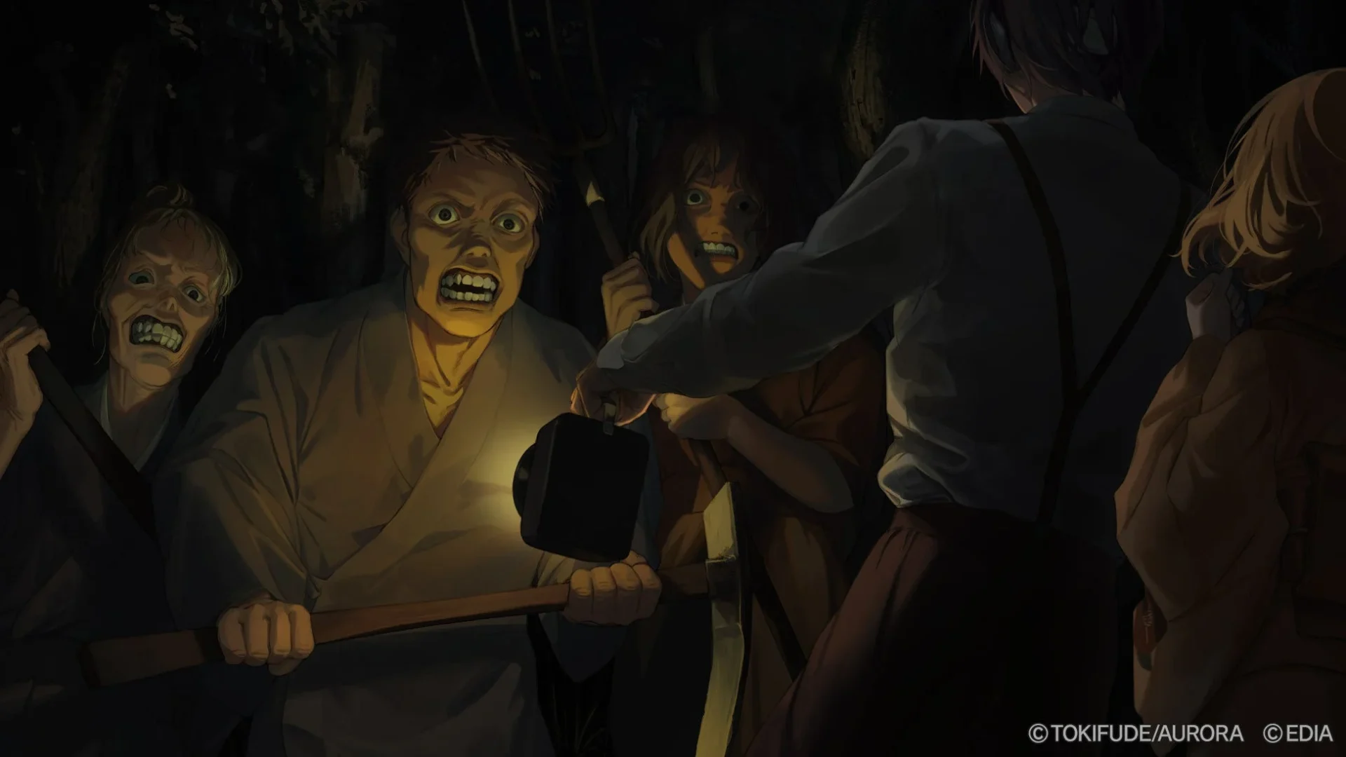 『虧月の夜』ゲーム画面、恐怖に怯える村人たちと不穏な斧