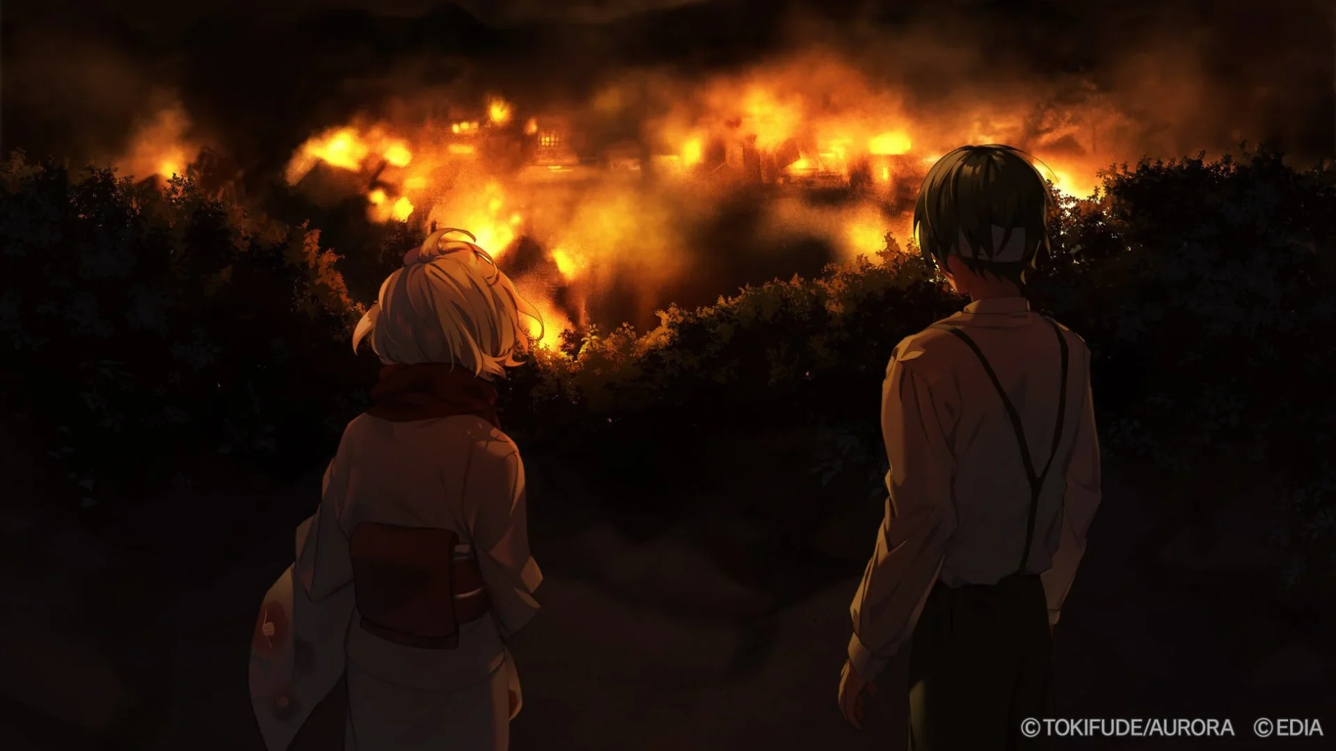 『虧月の夜』ゲーム画面、炎上する村を見つめる二人の登場人物