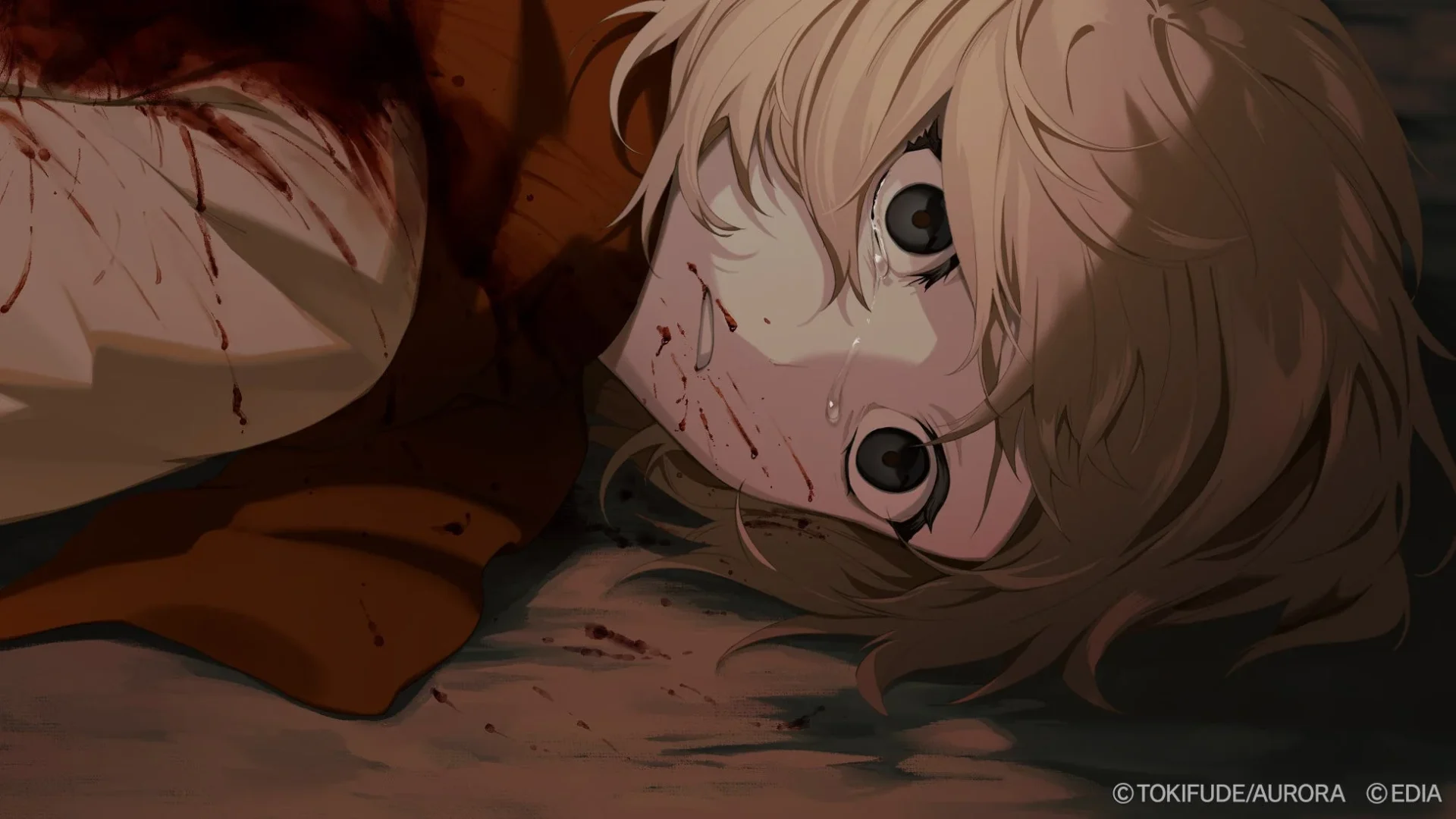 『虧月の夜』ゲーム画面、血を流して倒れる少女の姿