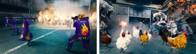 ロケットランチャーやニワトリ兵器を使う「ツッパリ兵器」の戦闘シーン