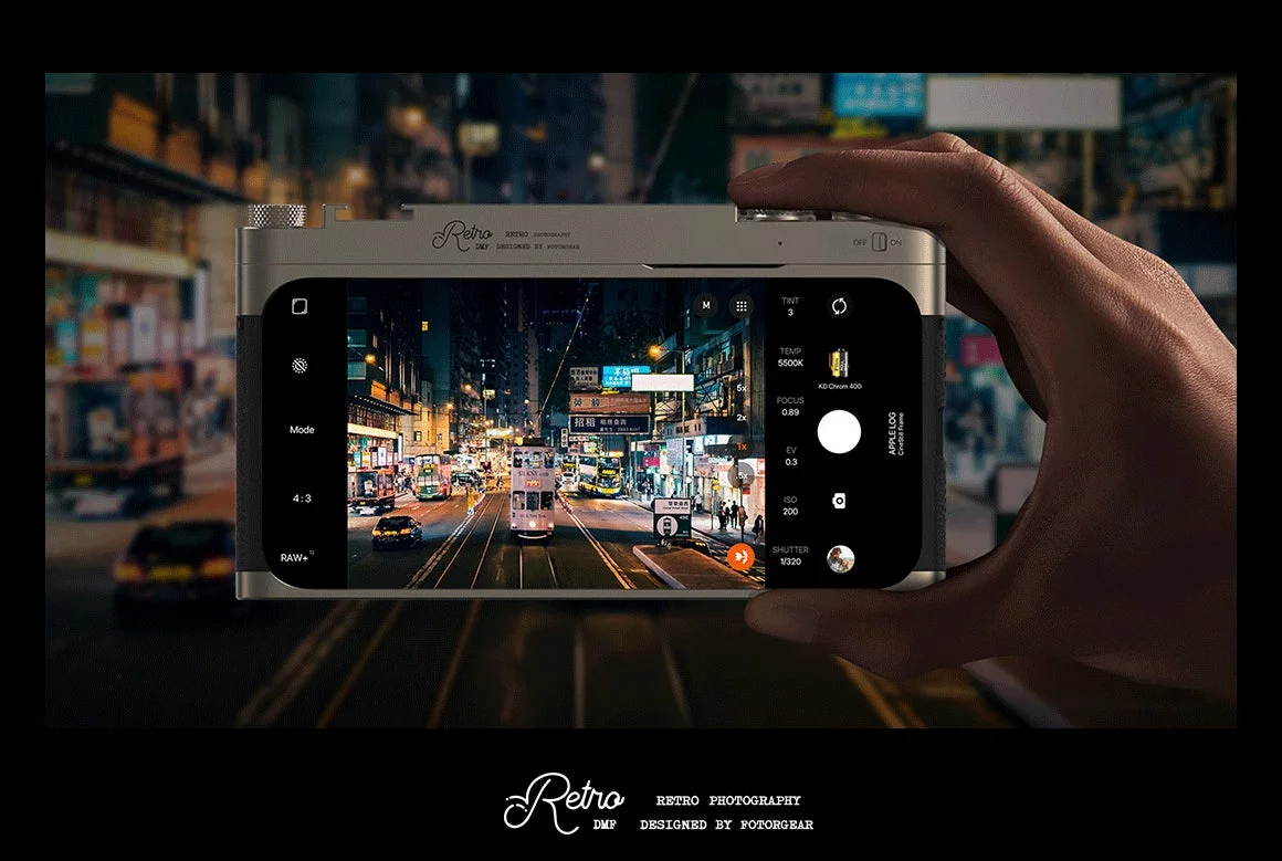 Fotorgear Retro DMFを装着したiPhoneで夜景を撮影する様子とカメラUI