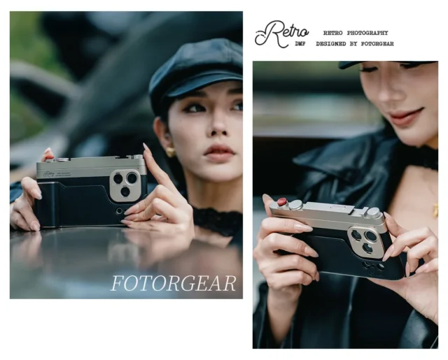 Fotorgear Retro DMFを装着したiPhone 17 Proシリーズ対応モデルの製品写真