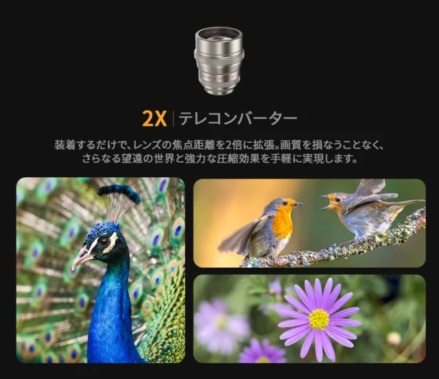 2X望遠レンズで撮影された孔雀や鳥、花の作例