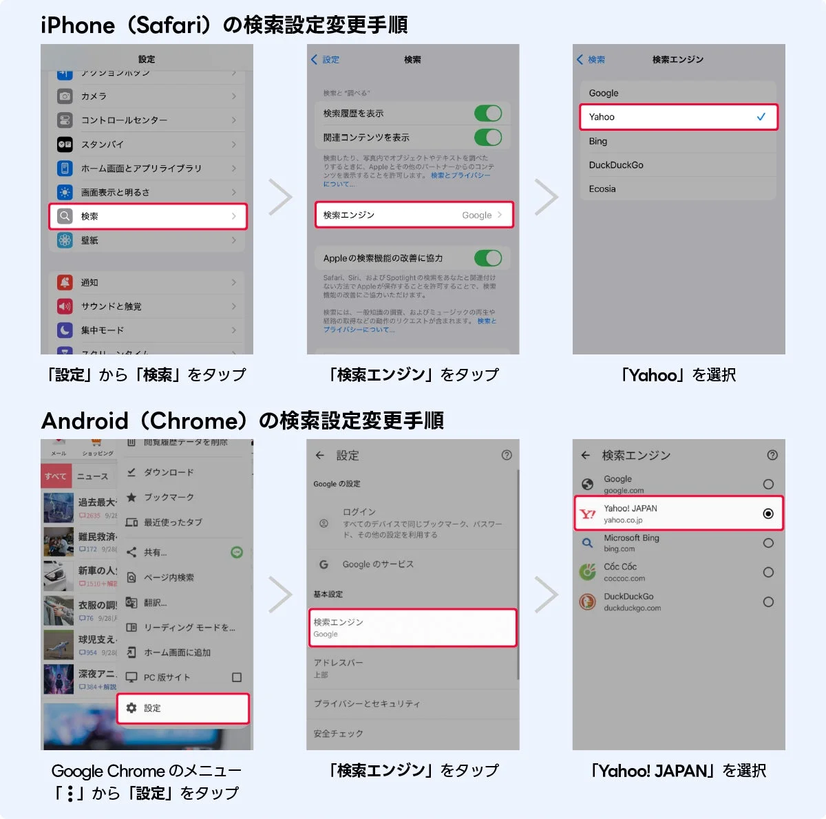 iPhone SafariとAndroid Chromeの検索エンジン設定変更手順の画面