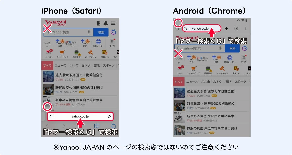 ブラウザーのアドレスバーから「ヤフー検索くじ」と検索する手順の画面
