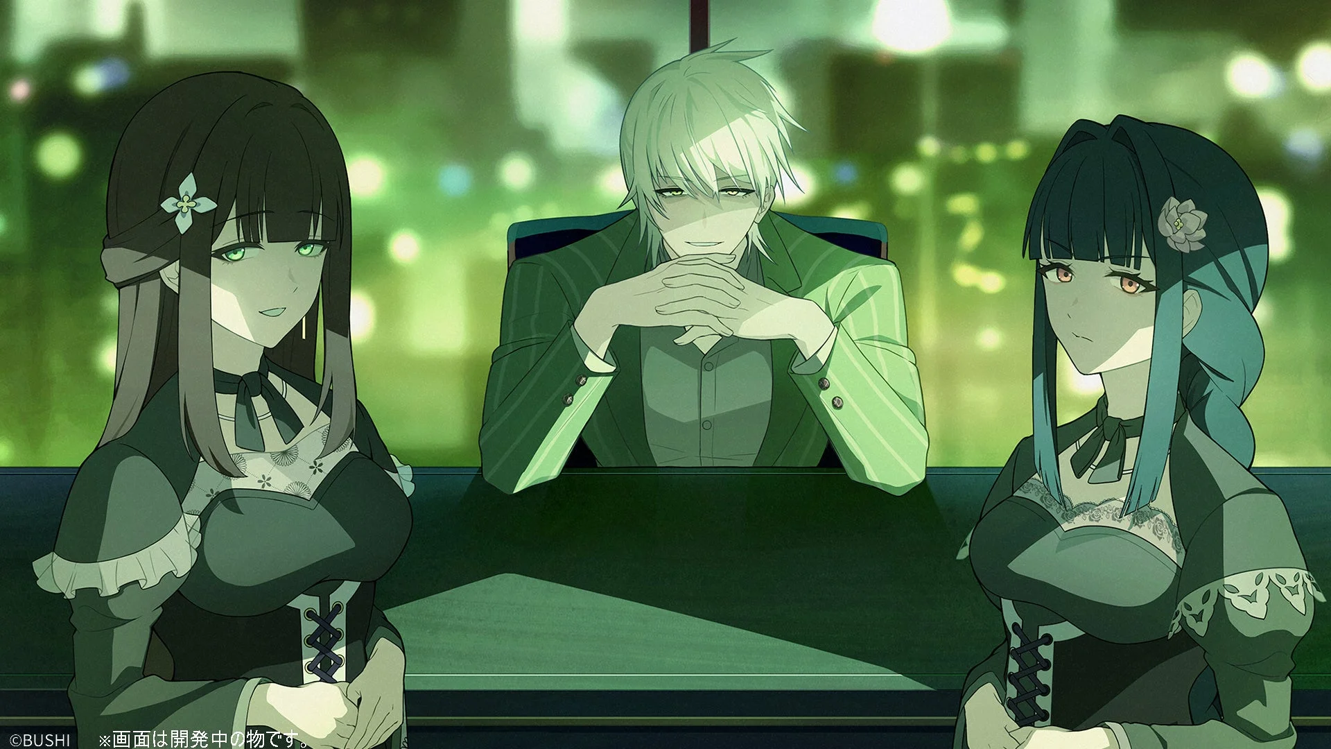 ゲーム画面:テーブルを囲み会話するキャラクターたち