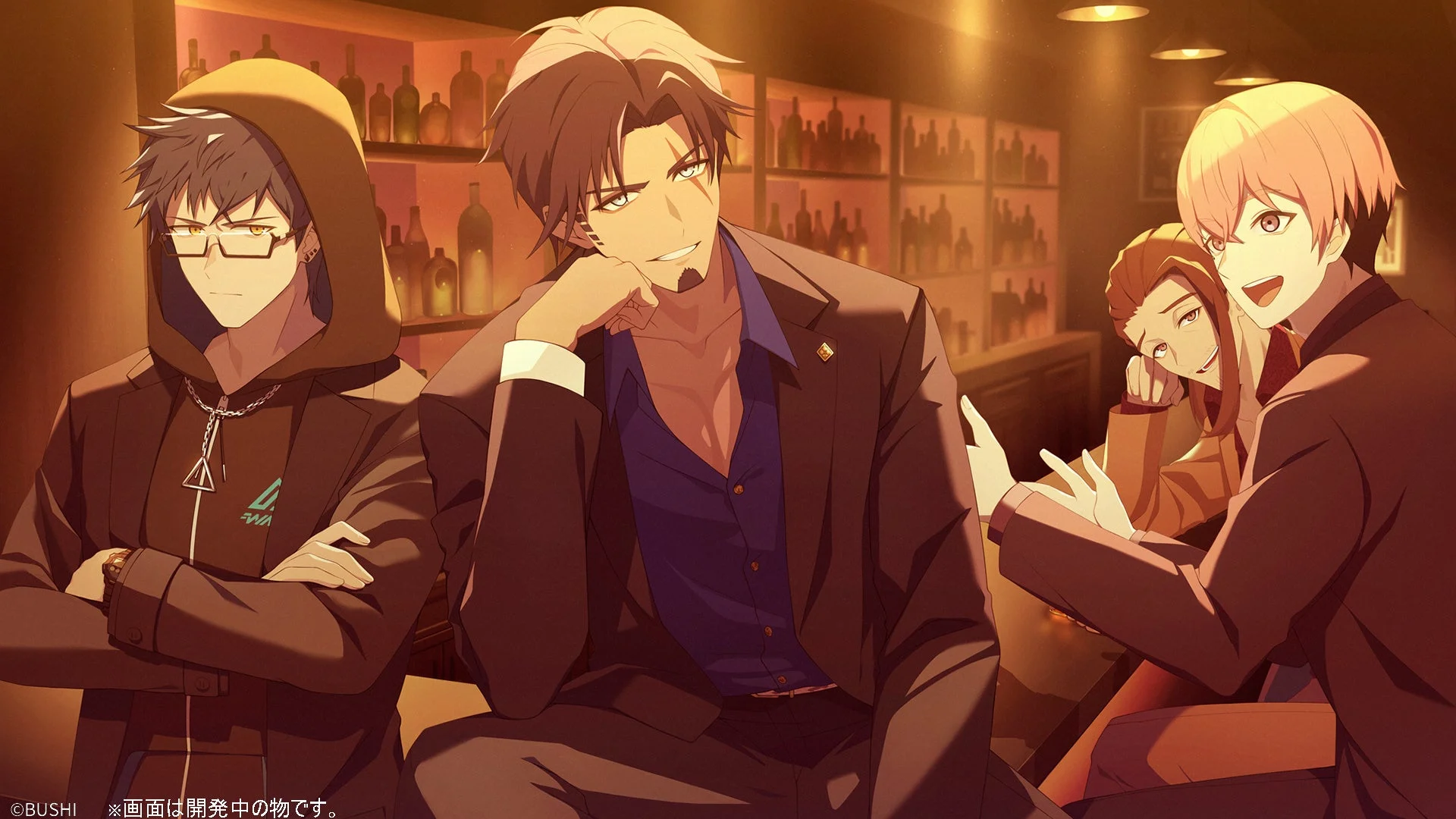 ゲーム画面:バーカウンターでくつろぐ登場人物たち