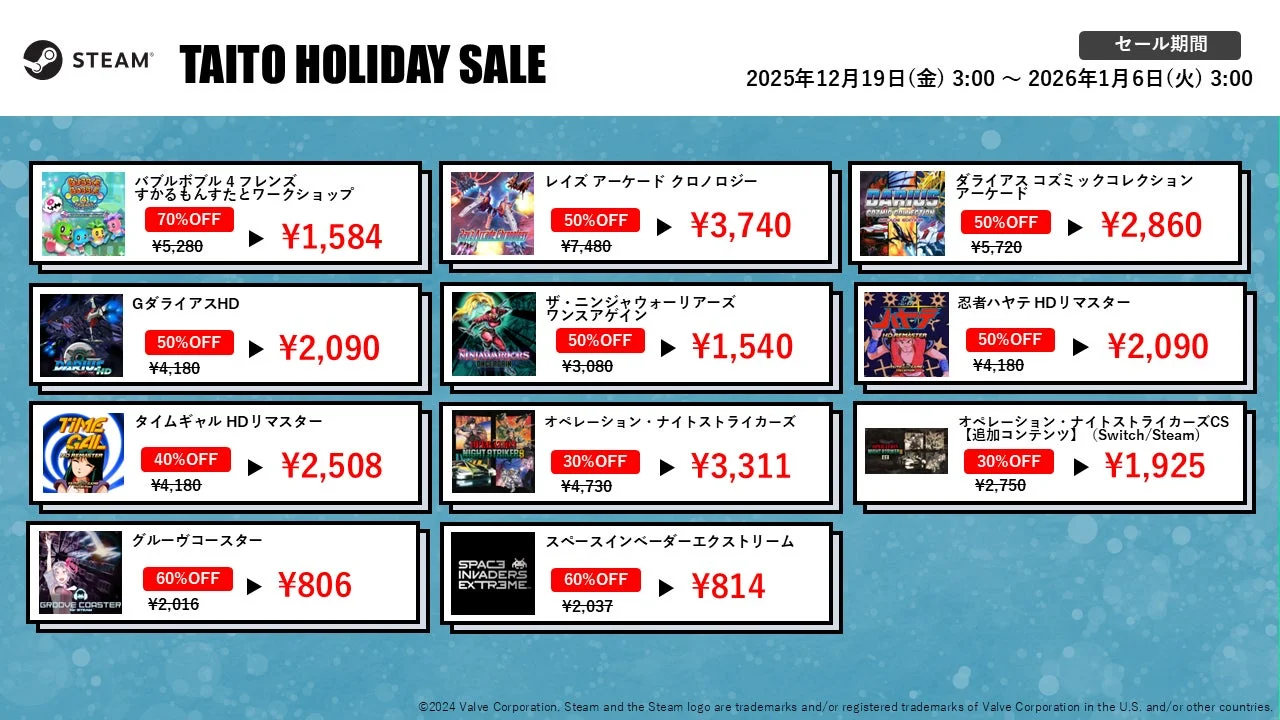 Steam版「タイトーホリデーセール」対象タイトル一覧、割引率と価格