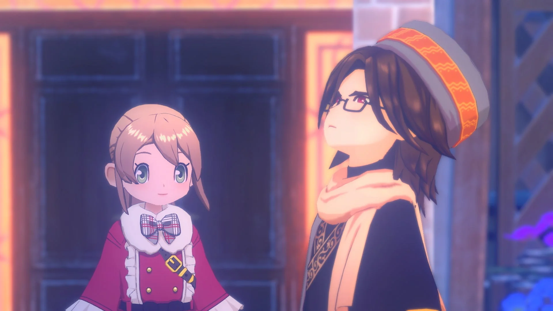 新衣装「ゆるふわチェックコート」を着た女性キャラクターと別キャラのイベントシーン