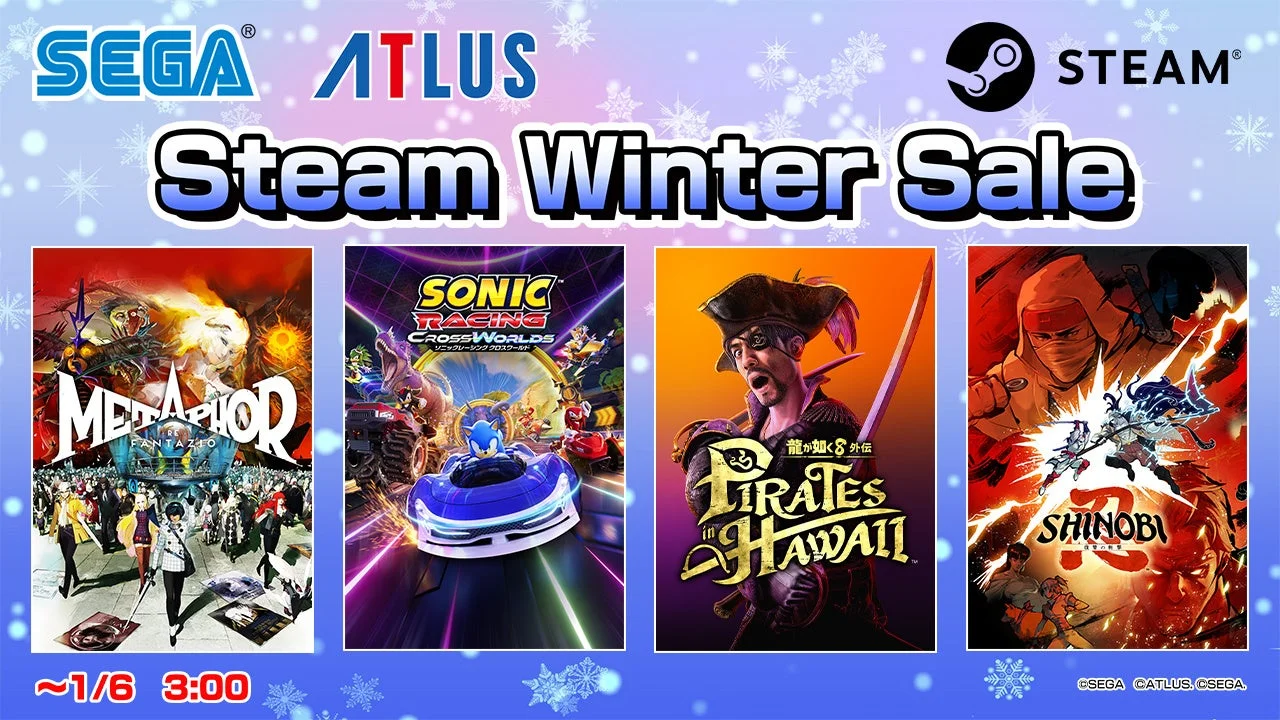 Steam Winter Saleのメインビジュアル、セガとアトラスのロゴ、セール対象ゲームのパッケージ