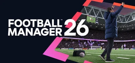 Football Manager 26のロゴとスタジアムのゲーム画面